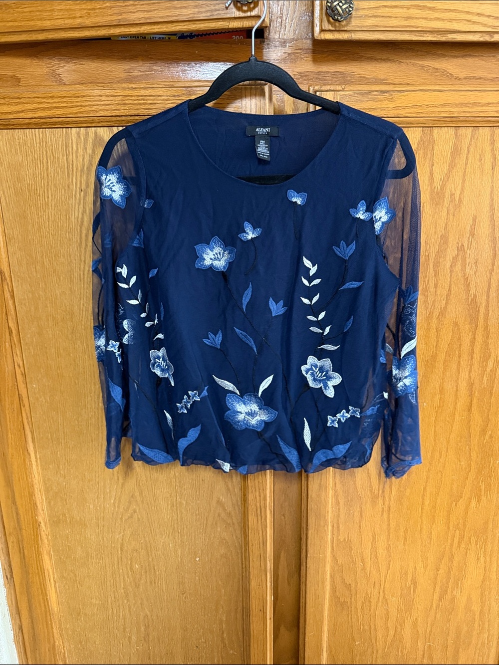 Alfani Navy Blue Floral Embroidered Sheer-Sleeve Blouse